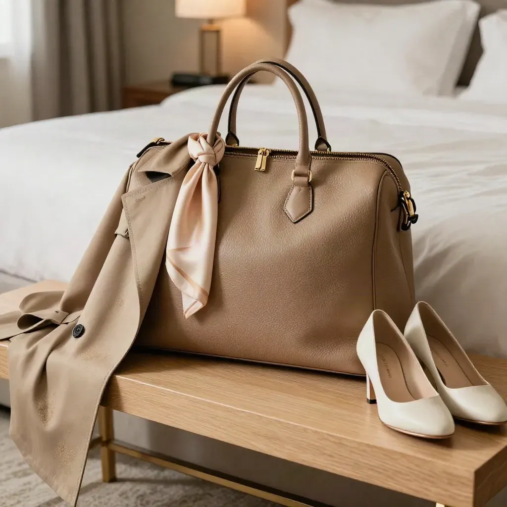 Tanfarbene Weekender-Tasche, Trenchcoat, Seidenschal und Pumps auf einem Hotelbett im warmen Licht.