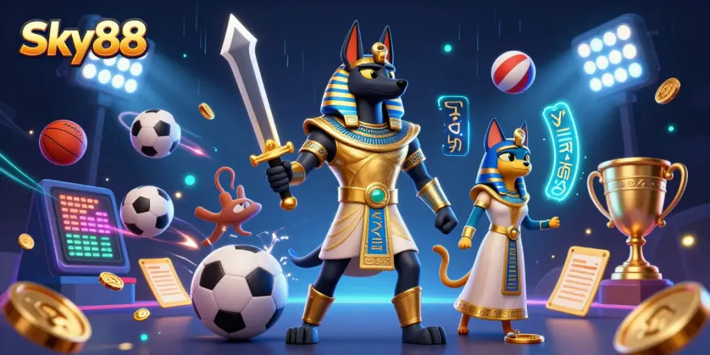 Experience Sky88 with a dynamic illustration showcasing sports betting excitement, featuring Anubis and Bastet.