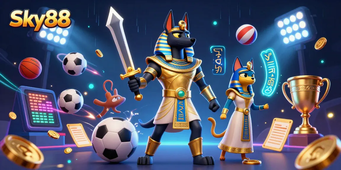 Experience Sky88 with a dynamic illustration showcasing sports betting excitement, featuring Anubis and Bastet.