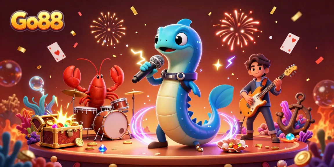 Engage in thrilling gaming adventures at Go88 with our vibrant underwater casino scene featuring animated characters.