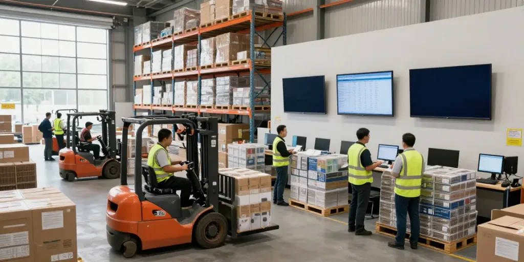 Effiziente Lagerlogistik in Düsseldorf mit aktiven Mitarbeitern und modernen Technologien.