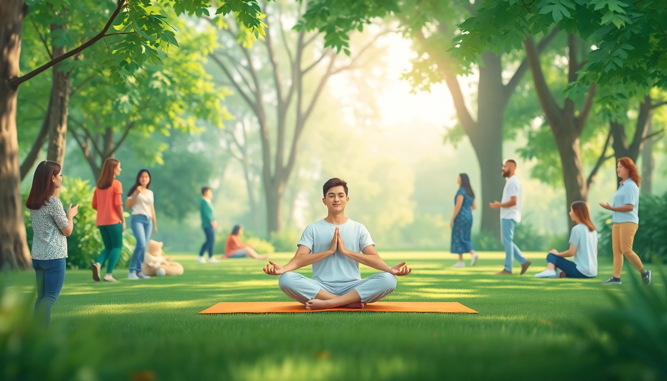 Enhancing mental health awareness through supportive community interactions in a serene park.