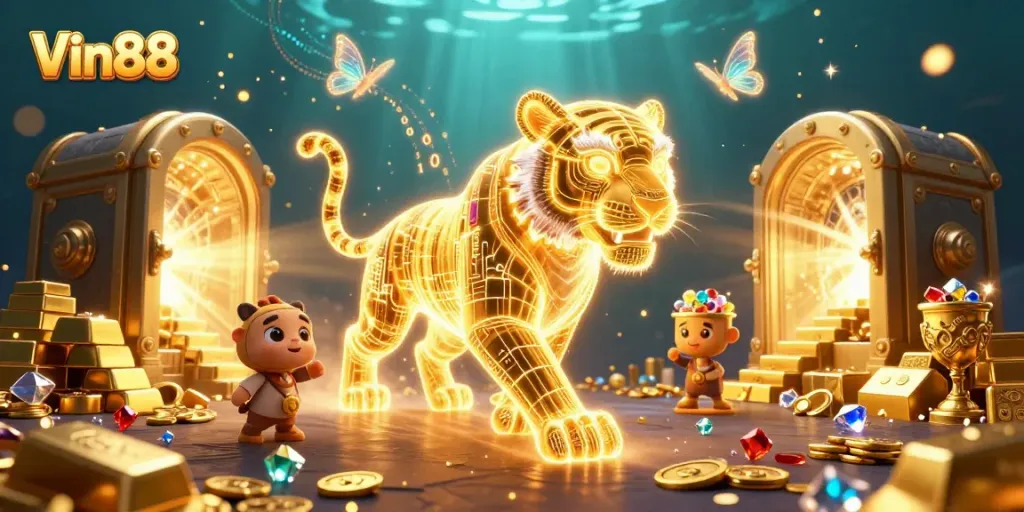 Experience the thrill of Vin88 with a dynamic digital casino landscape and enchanting elements.