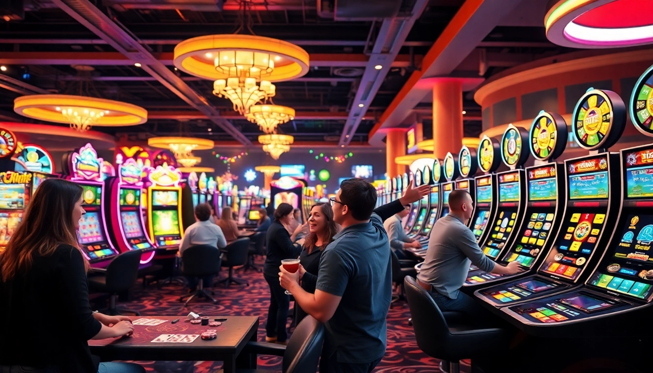 Az online casino izgalmas élménye a játékosok körében, színes gépekkel és asztalokkal.
