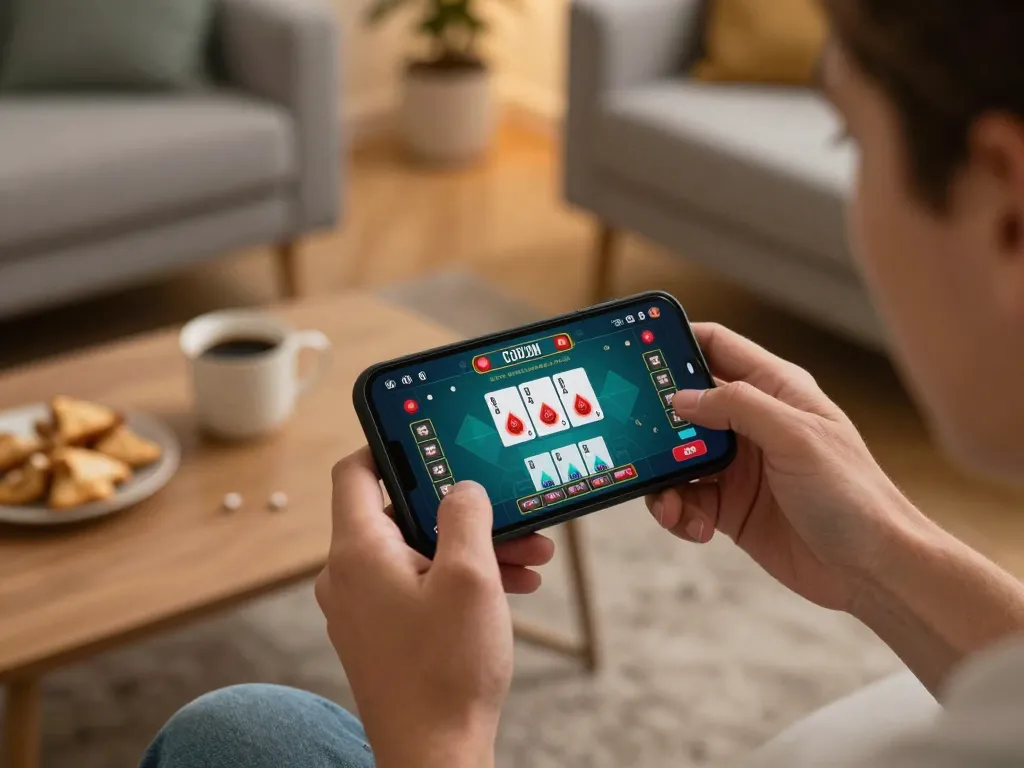 Player enjoying online gambling on smartphone at home with sc88e live dealer game interface