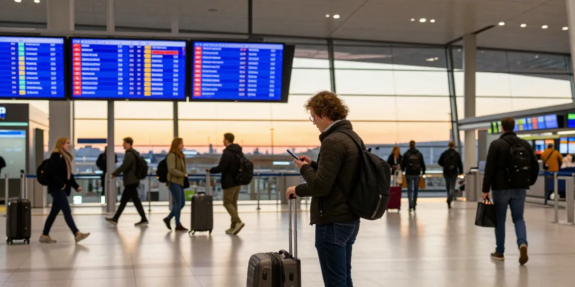 Transfer at Frankfurt Flughafen with travelers checking flight info in a vibrant airport scene.