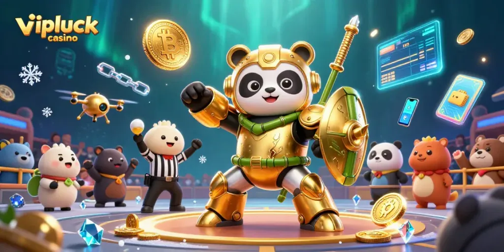 Experience the excitement of vipluck casino with a vibrant 3D scene showcasing a mech-suit panda and crypto-themed elements.