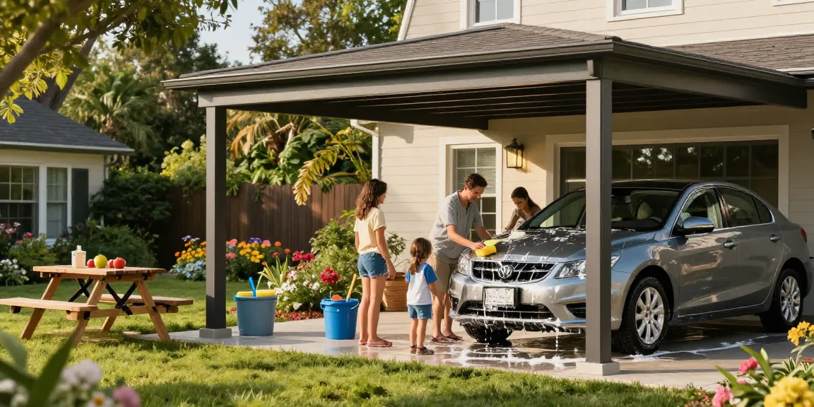 Moderne Carport-Szene mit Familie, die das Auto wäscht und im Garten entspannt