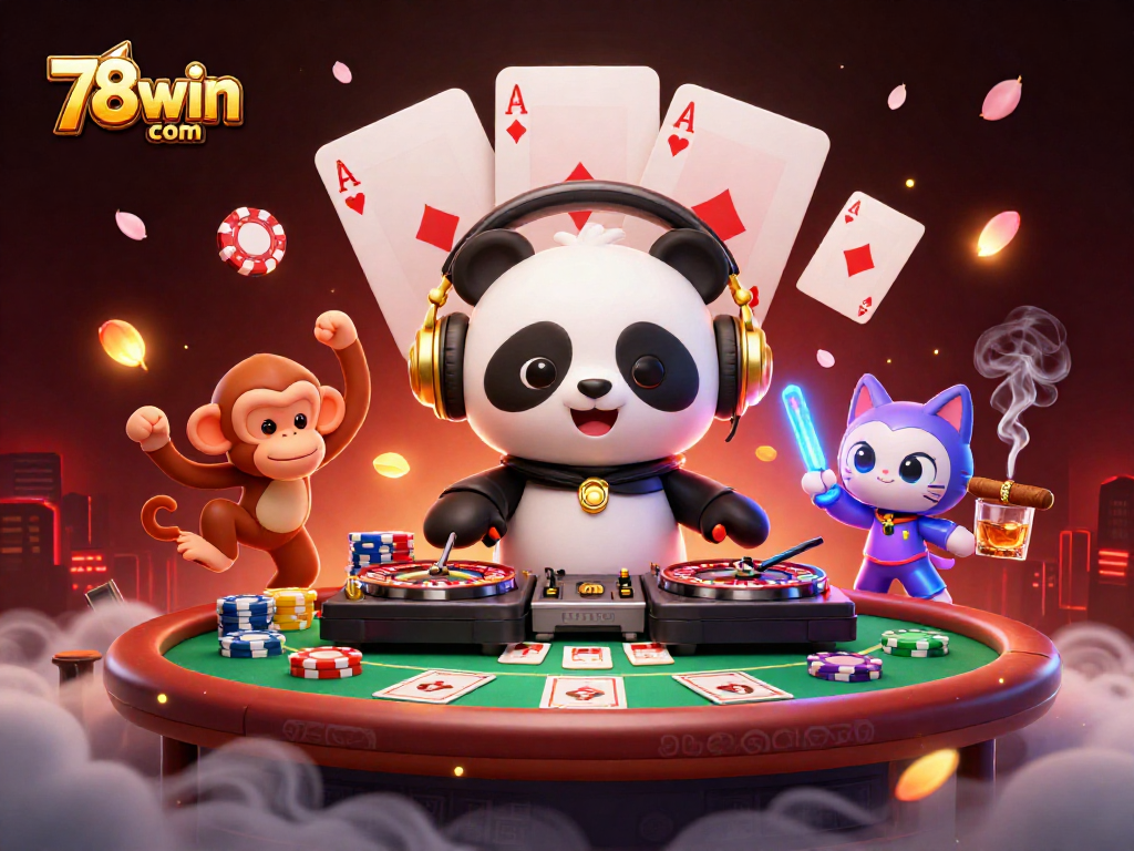 Engage with dynamic gaming action at 78win com featuring a DJ panda, dance floor monkey, and vibrant game elements.