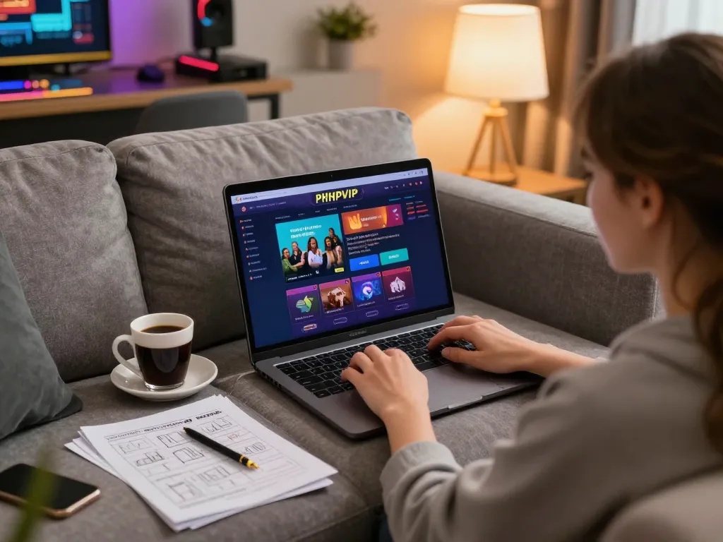 Engaged player navigating PHPVIP online casino while enjoying a cozy home atmosphere.