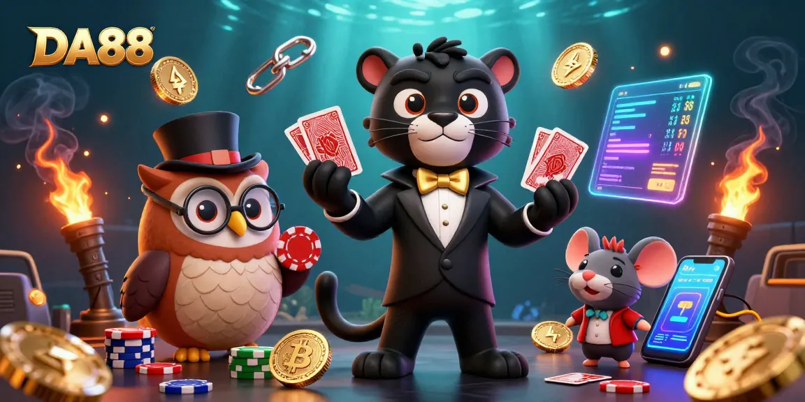 DA88 captivates players with a vibrant casino scene showcasing a stylish panther, owl, and mouse amidst dynamic game elements.