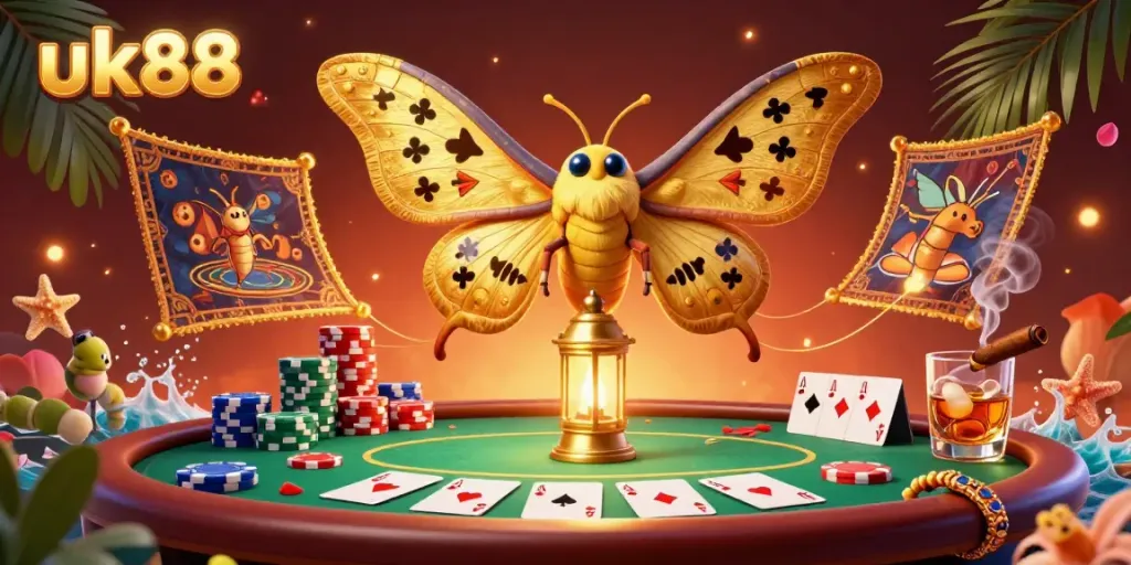 Engage in thrilling poker at uk88 with vibrant chips, golden moth, and casino scenes.