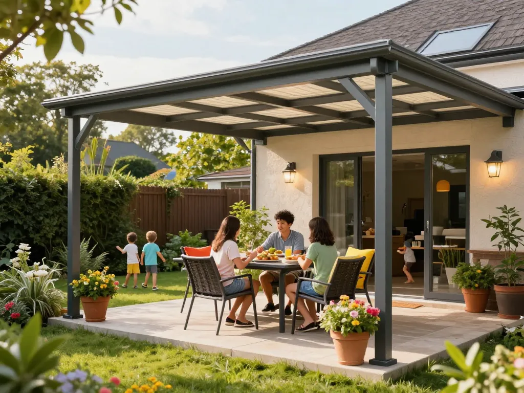 Terrassenüberdachung verbessert das Outdoor-Familienessen in einem schönen Garten.