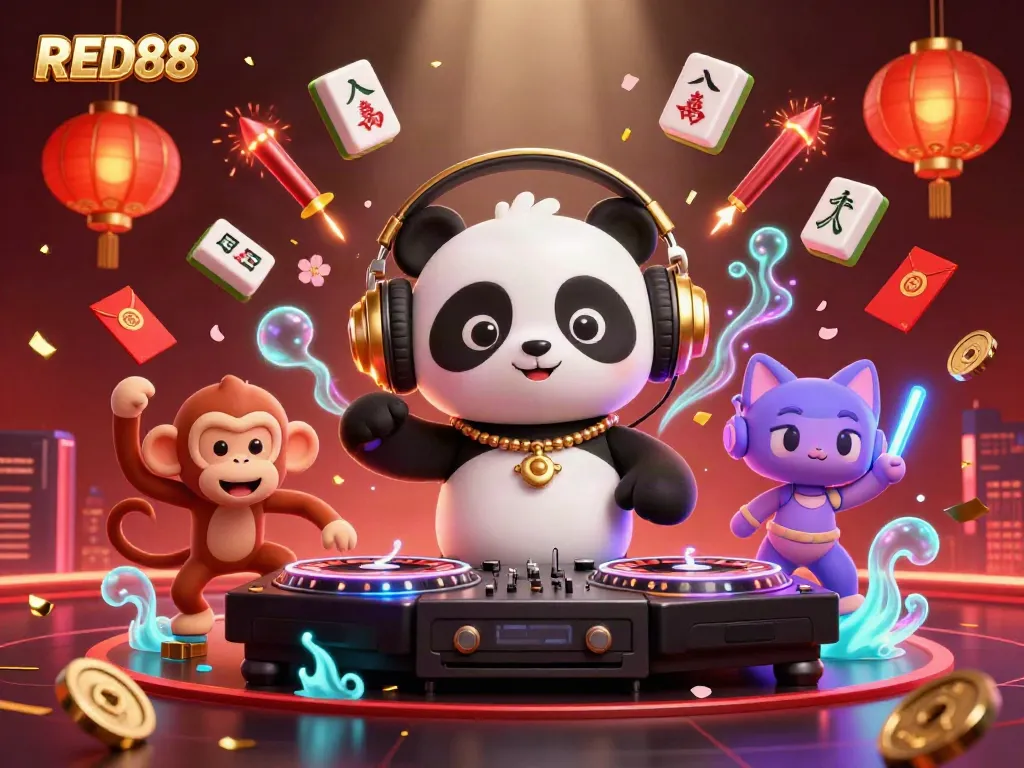 Engage with the vibrant RED88 casino scene featuring a DJ panda and lively characters.