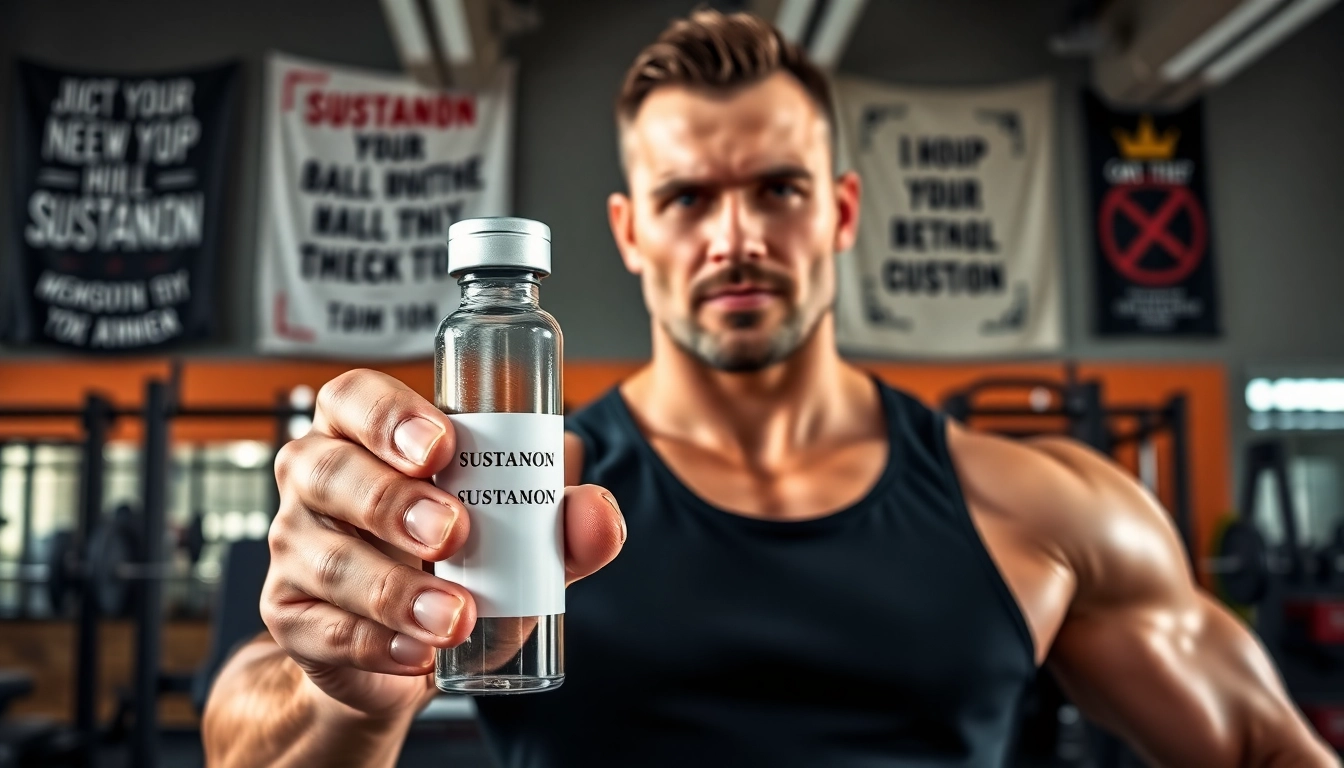Sustanon kaufen - Fitness trainer presenting Sustanon vial in a dynamic gym environment.