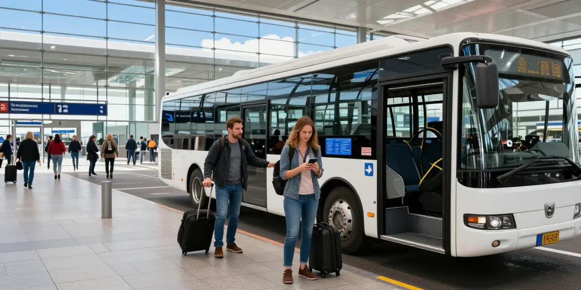 Frankfurt Flughafentransfer: Reisender am Flughafen mit Shuttlebus und freundlichem Fahrer.