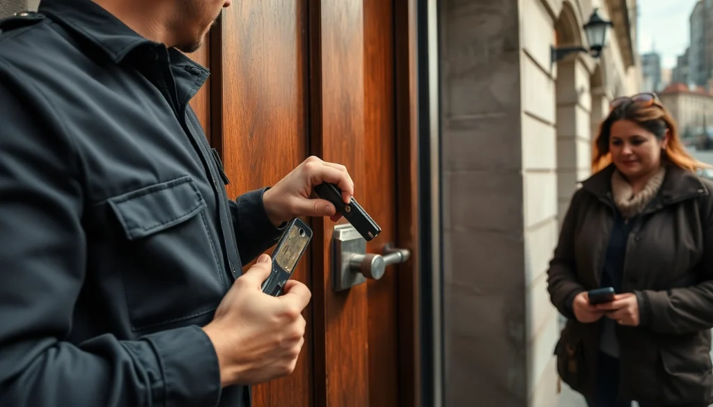 Erfahrener Schlüsseldienst von Schlüsseldienst Karlsruhe führt eine schadensfreie Türöffnung durch.