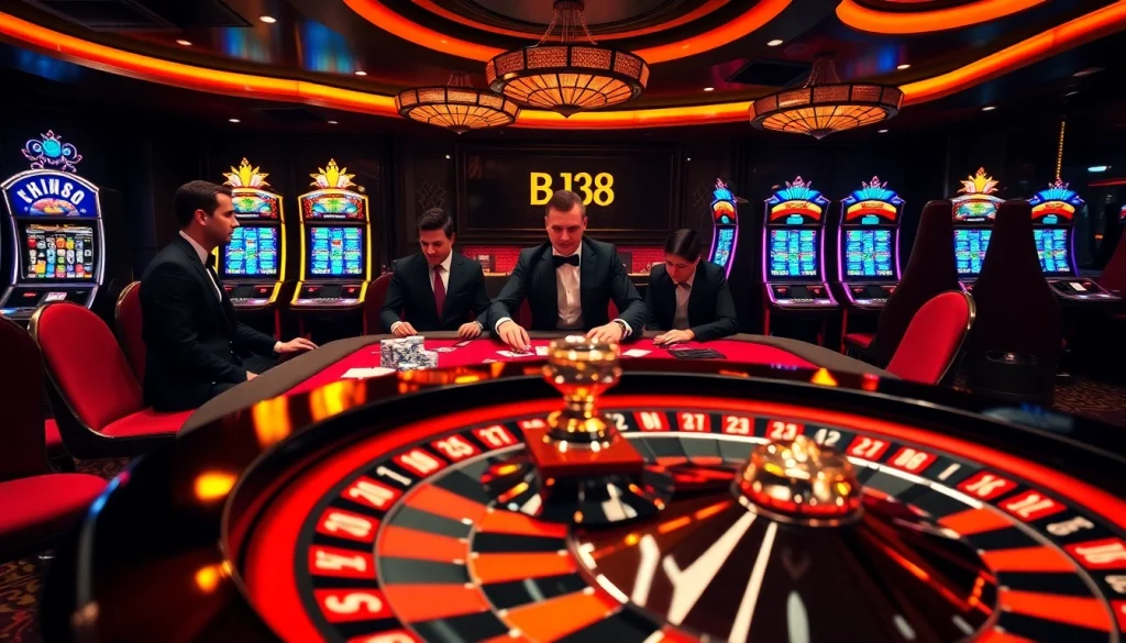 Experience thrilling gameplay at BJ38 with poker tables and vibrant slot machines in a luxurious casino setting.