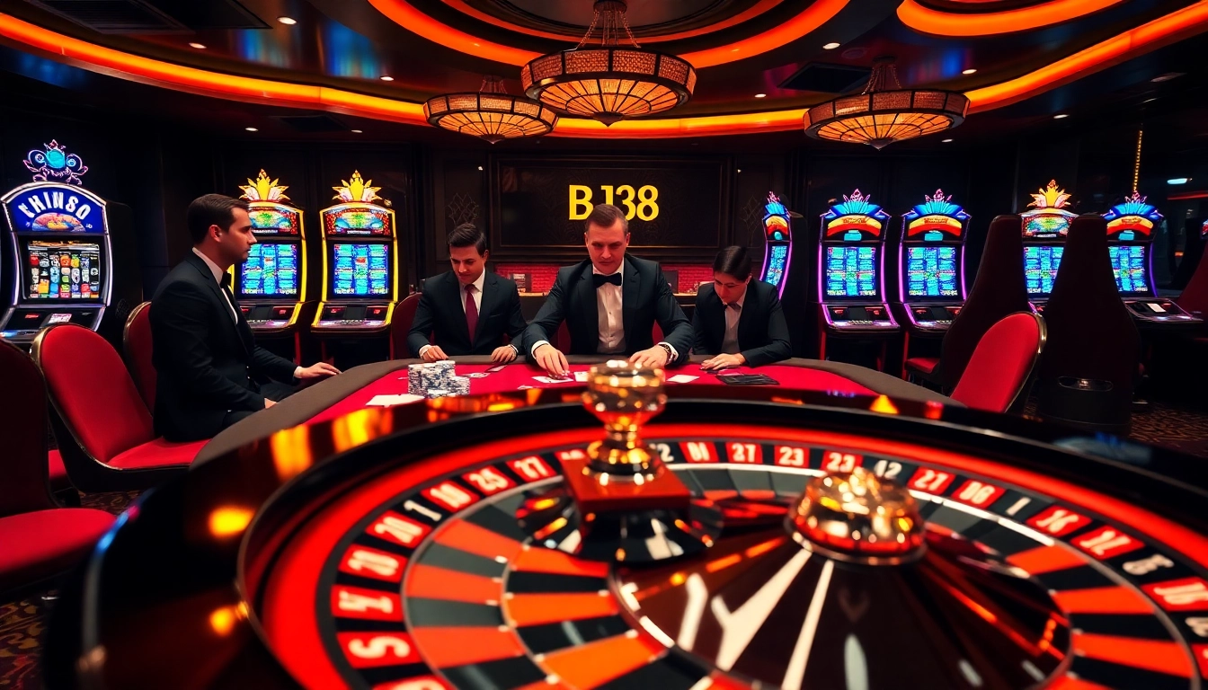 Experience thrilling gameplay at BJ38 with poker tables and vibrant slot machines in a luxurious casino setting.