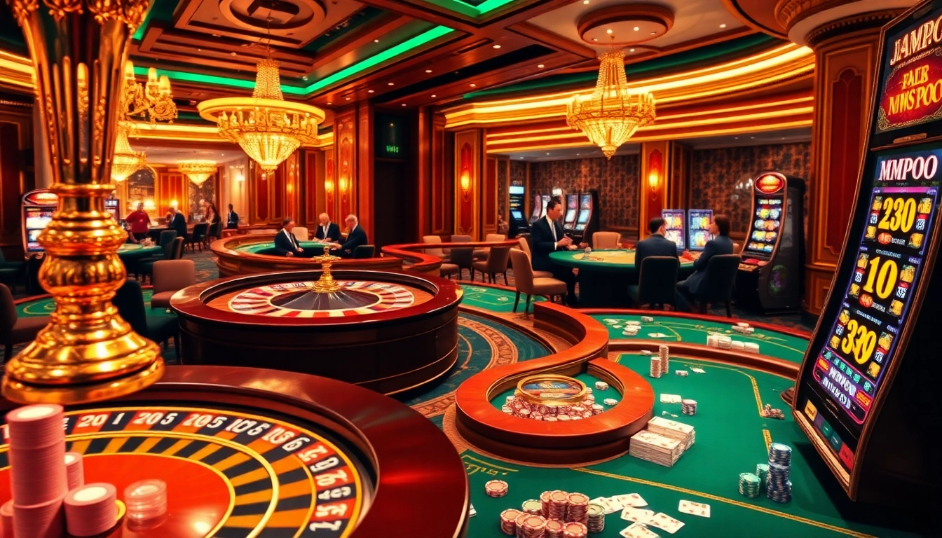 Gambling at a luxurious casino featuring poker, roulette, and MMOO jackpot displays.