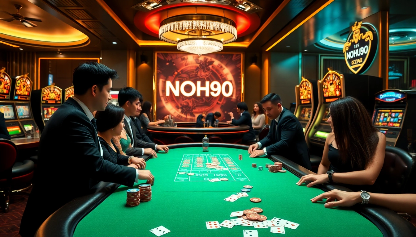 Players enjoying a thrilling game at the NOHU90 casino, surrounded by vibrant slot machines and poker tables.