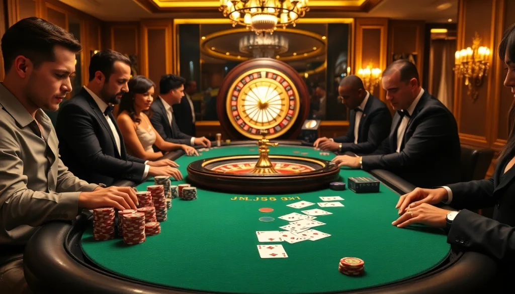 Players enjoy high-stakes gaming at a luxurious casino table featuring JL55-themed elements.