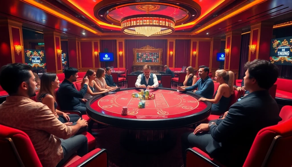 Experience thrilling game bài đổi thưởng action at a luxury casino poker table.