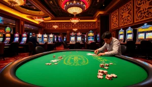 KJC-themed casino excitement with players at a poker table and slot machines in view.