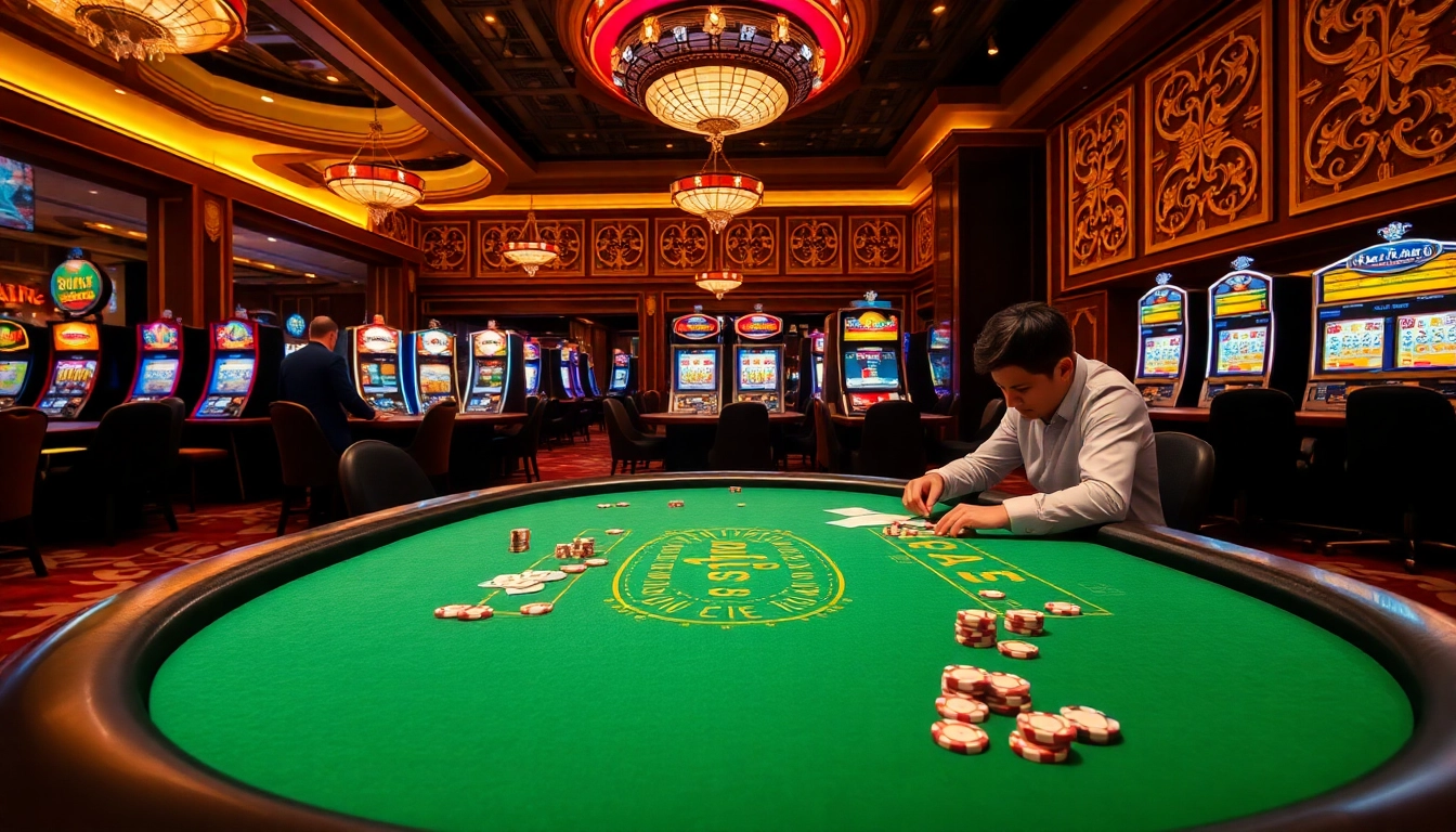 KJC-themed casino excitement with players at a poker table and slot machines in view.